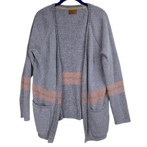 POL Womens Open Front Cardigan Size Small Gray Pink Pockets‎ Bohemian Varsity